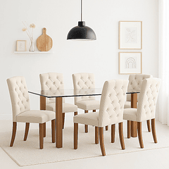 Comedor Mesa de Vidrio Quadra 120x80 + 6 Silla de Acolchada Madera Elegance
