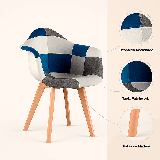 Pack de 4 Butacas Sitial Patchwork Acolchado Wood - Celeste 5