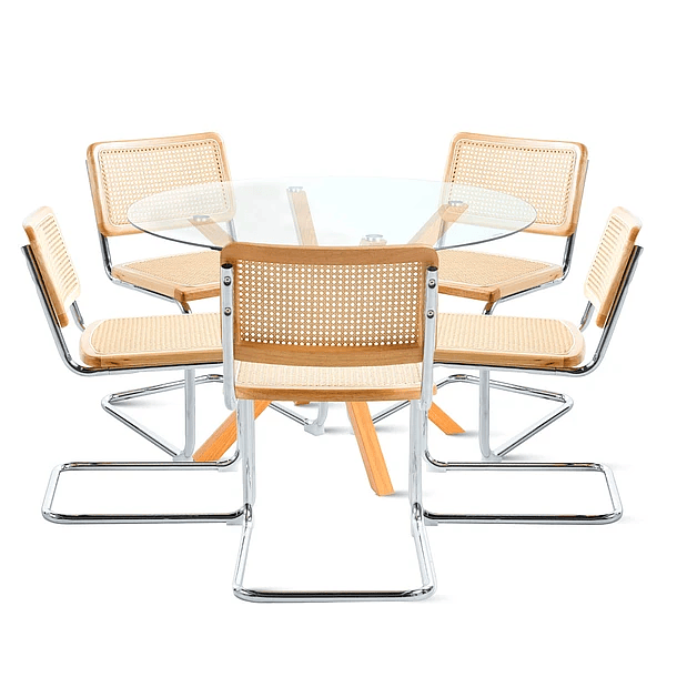 Comedor Mesa redonda de vidrio Cross 120cm + 5 Sillas Breuer madera 1