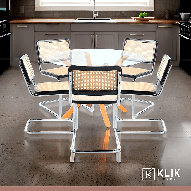 Comedor Mesa redonda de vidrio Cross 120cm + 5 Sillas Breuer madera - Negras 2