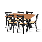 Comedor Mesa Color Madera y Metal Cross 140x90 + 6 Sillas Crossback Madera Rattan Negra 1