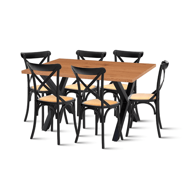 Comedor Mesa Color Madera y Metal Cross 140x90 + 6 Sillas Crossback Madera Rattan Negra 1