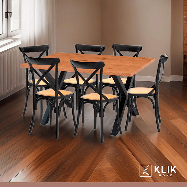 Comedor Mesa Color Madera y Metal Cross 140x90 + 6 Sillas Crossback Madera Rattan Negra 2