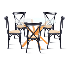 Comedor redonda de vidrio Cross 120cm + 5 Silla Crossback Madera Negra