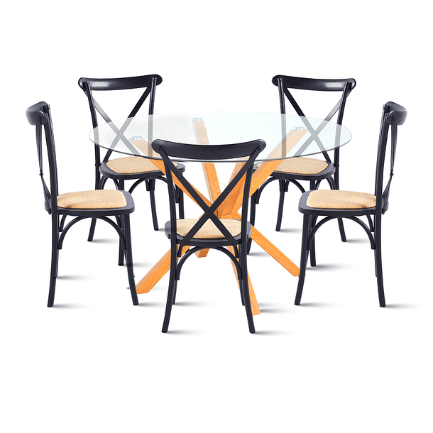 Comedor redonda de vidrio Cross 120cm + 5 Silla Crossback Madera Negra 1
