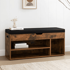 Banco Zapatero de Madera Rústica con Asiento Acolchado y Baúl de Almacenaje