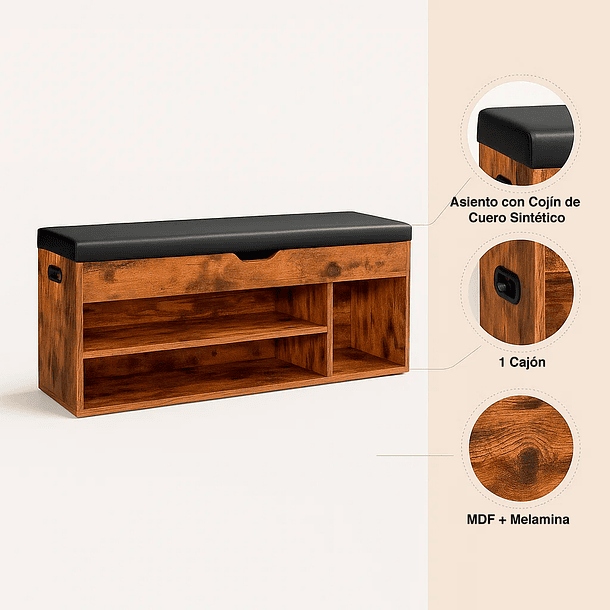 Banco Zapatero de Madera Rústica con Asiento Acolchado y Baúl de Almacenaje 5