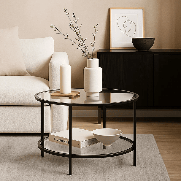 Mesa de Centro Orbe con Vidrio y Metal Negro 3