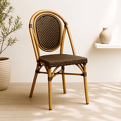 Silla de Exterior Estilo Francés con Marco Dorado y Ratán Oscuro