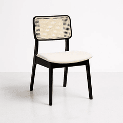 Silla de Comedor con Respaldo de Ratán y Asiento Tapizado - Beige