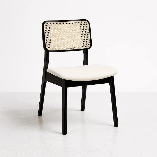 Silla de Comedor con Respaldo de Ratán y Asiento Tapizado - Beige 1