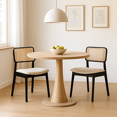 Pack de 2 Sillas de Comedor con Respaldo de Ratán y Asiento Tapizado - Beige