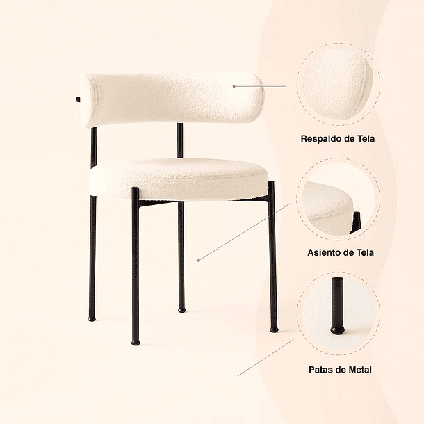 Silla Teddy de Tela con Patas Metálicas Negras - Crema 5