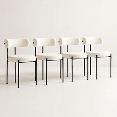 Pack de 4 Sillas Teddy de Tela con Patas Metálicas Negras - Crema