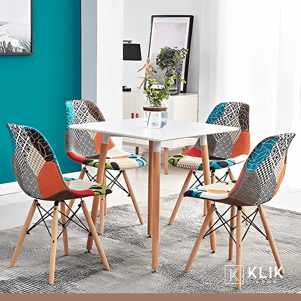 Comedor Mesa Cuadrada Blanca + 4 Sillas Patchwork Tradicionales 2