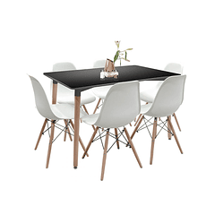 Comedor Mesa Rectangular Negra + 6 Sillas Eames Blancas