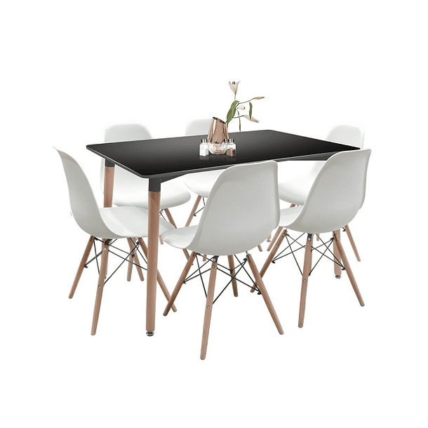 Comedor Mesa Rectangular Negra + 6 Sillas Eames Blancas 1