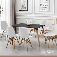 Comedor Mesa Rectangular Negra + 6 Sillas Eames Blancas