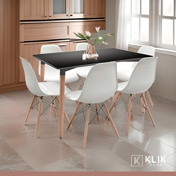 Comedor Mesa Rectangular Negra + 6 Sillas Eames Blancas 8