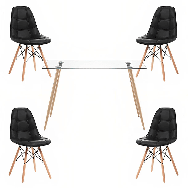 Comedor Mesa Rectangular de Vidrio 120x80 cm + 4 Sillas Buckle Acolchadas Ecocuero Negras 1