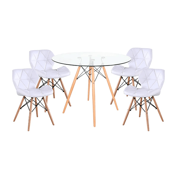 Comedor Mesa Redonda de Vidrio 80cm + 4 Sillas Radar blancas 1