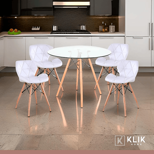 Comedor Mesa Redonda de Vidrio 80cm + 4 Sillas Radar blancas 2