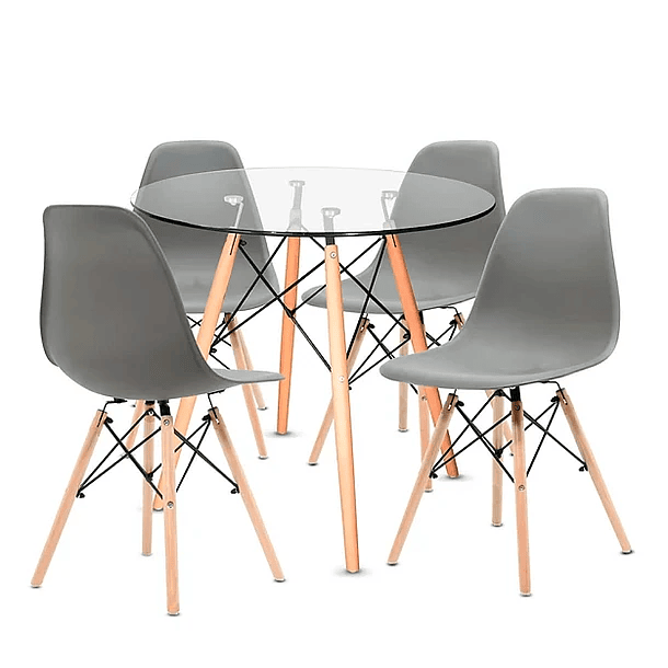 Comedor Mesa Vidrio 80cm + 4 Sillas Eames Grises 1