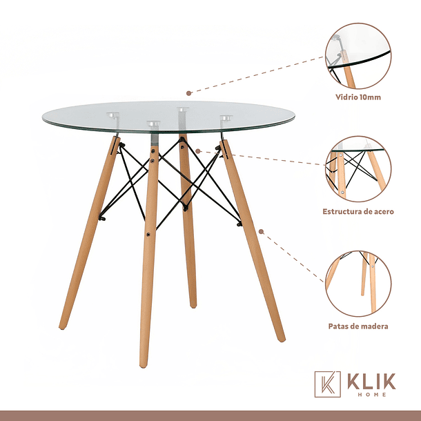 Comedor Mesa Vidrio 80cm + 4 Sillas Eames Grises 4