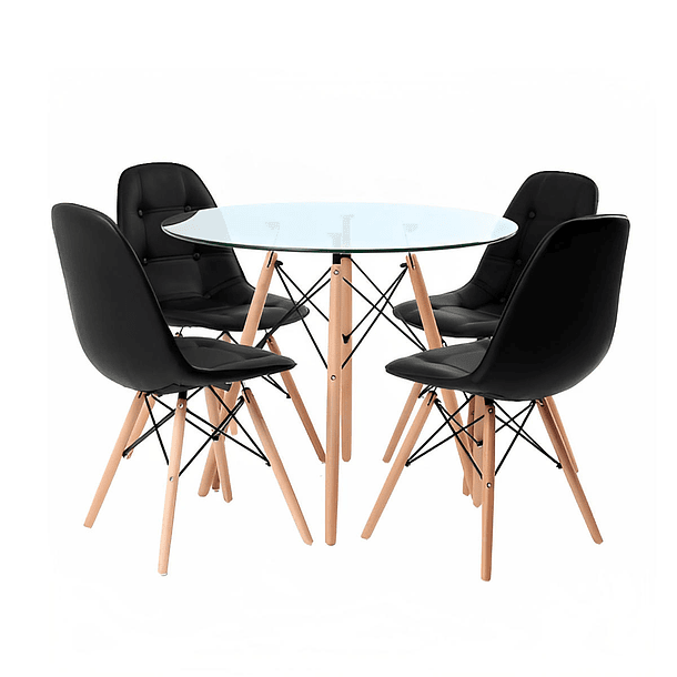 Comedor de Vidrio Redonda 100 cm + 4 Sillas Buckle Ecocuero Negras 1