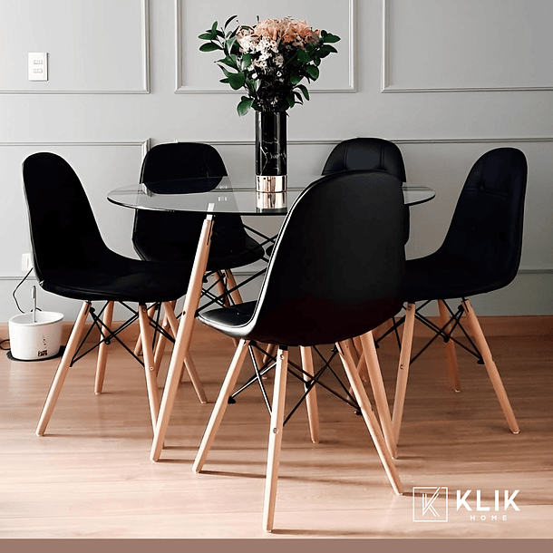 Comedor de Vidrio Redonda 100 cm + 4 Sillas Buckle Ecocuero Negras 2