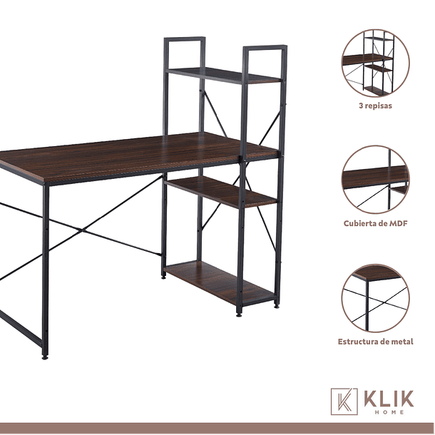 Escritorio Industrial Home Office con Repisas Oslo - Madera Oscura Walnut 6