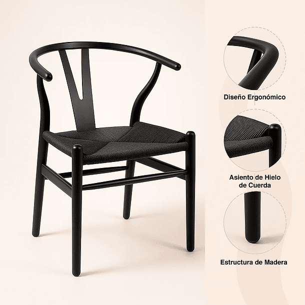 Silla Wishbone Madera Negra y Asiento Negro 6