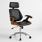 Silla oficina cuero negra con apoyabrazos madera y respaldo cabeza 1