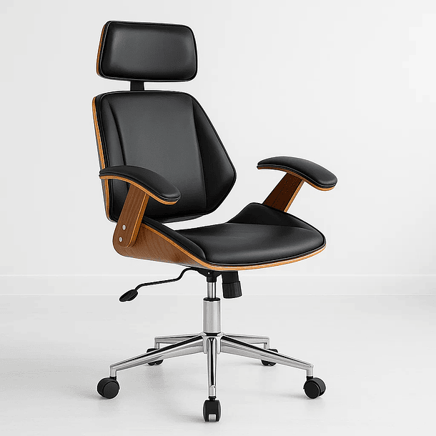 Silla oficina cuero negra con apoyabrazos madera y respaldo cabeza 1