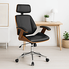 Silla oficina cuero negra con apoyabrazos madera y respaldo cabeza 3