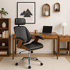 Silla oficina cuero negra con apoyabrazos madera y respaldo cabeza 4