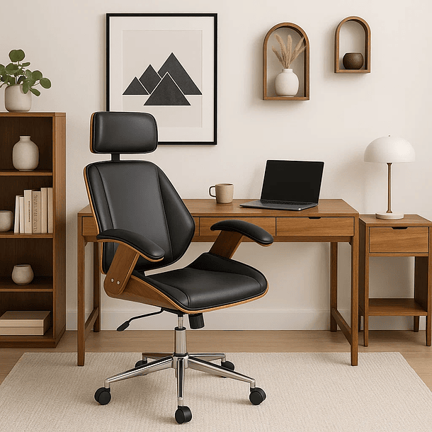 Silla oficina cuero negra con apoyabrazos madera y respaldo cabeza 4