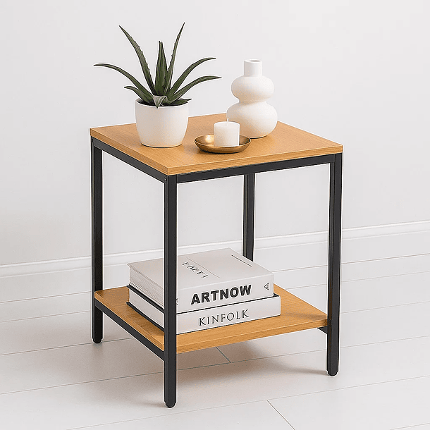 Velador Mesa Auxiliar Lateral de 2 Niveles - Madera Clara 4