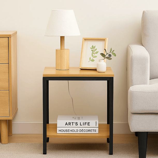 Velador Mesa Auxiliar Lateral de 2 Niveles - Madera Clara 5