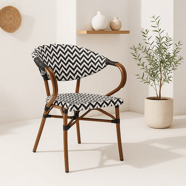 Silla Bistro Parisina Rattan con reposabrazos - Blanca con negro 3