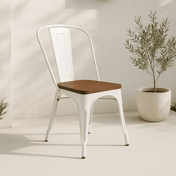 Silla Tolix con asiento de Madera Oscura Walnut - Blanca 4