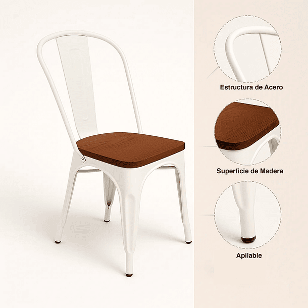 Silla Tolix con asiento de Madera Oscura Walnut - Blanca 7