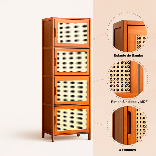Vitrina EcoLuxe de Bambú y Ratán Sintético 4 Niveles 5