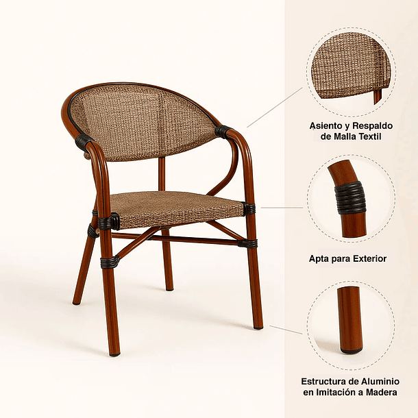 Pack de 4 Sillas Bistro Parisina Textileno con reposabrazos - Beige 5