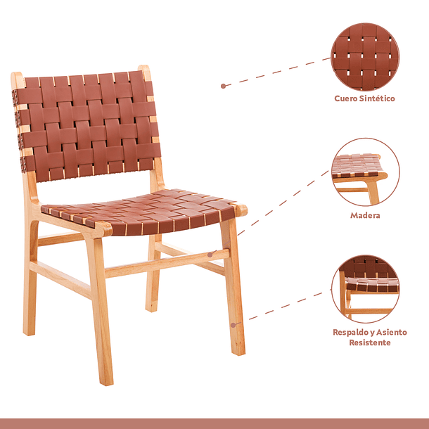 Pack de 2 Sillas Comedor Danesa Austral enrejada Madera y Cuero - Café 3