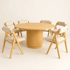 Comedor Redondo Nórdico Armonía 130cm Madera Natural + 6 Silla Betlahem Plegable Acolchada Beige