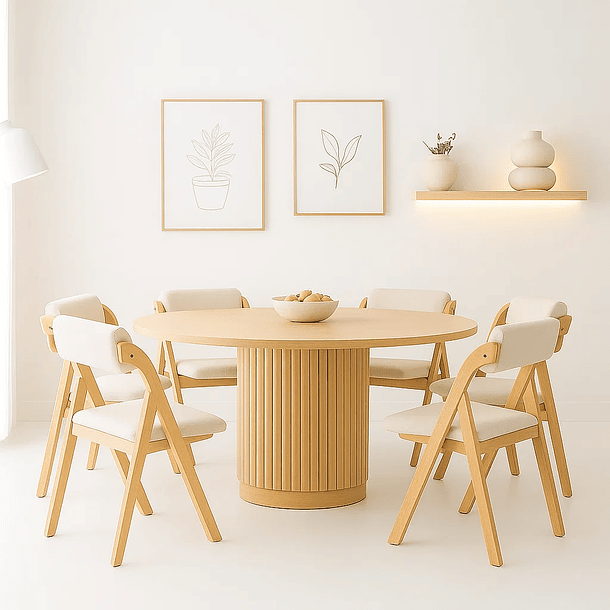 Comedor Redondo Nórdico Armonía 130cm Madera Natural + 6 Silla Betlahem Plegable Acolchada Beige 2