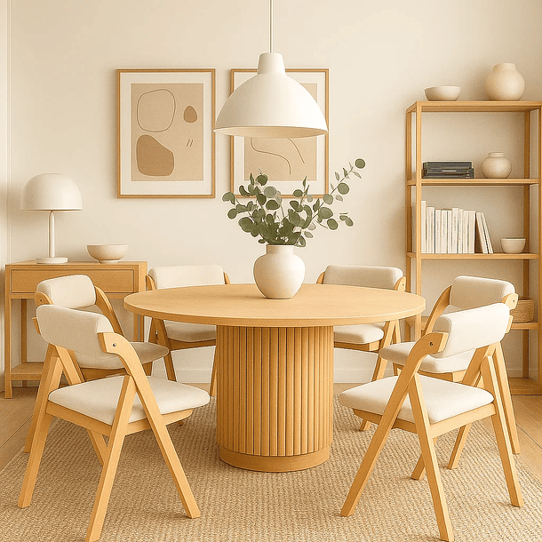 Comedor Redondo Nórdico Armonía 130cm Madera Natural + 6 Silla Betlahem Plegable Acolchada Beige 3