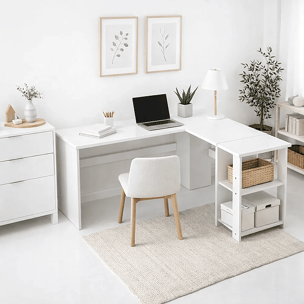 Escritorio Luma Corner en L Blanca con Repisas 3