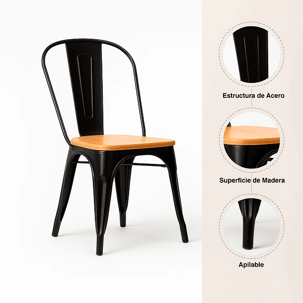 Pack de 4 sillas Tolix con asiento de madera Clara - Negras 5